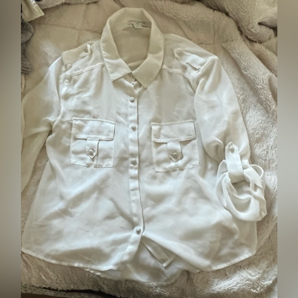 Cotton On White Sheer Collared Button Down Long Sleeve Shirt.